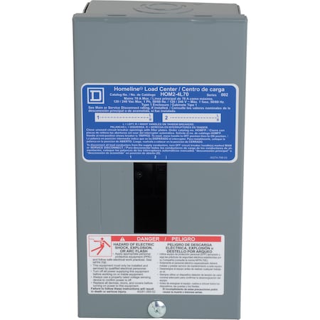 Square D Load Center, HOM, 2 Spaces, 70A, 120/240V AC, Main Lug, 1 Phase HOM24L70SCP